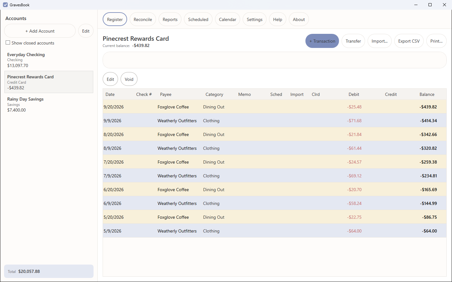 The accounts sidebar listing checking, savings and credit card accounts with balances and a combined total.