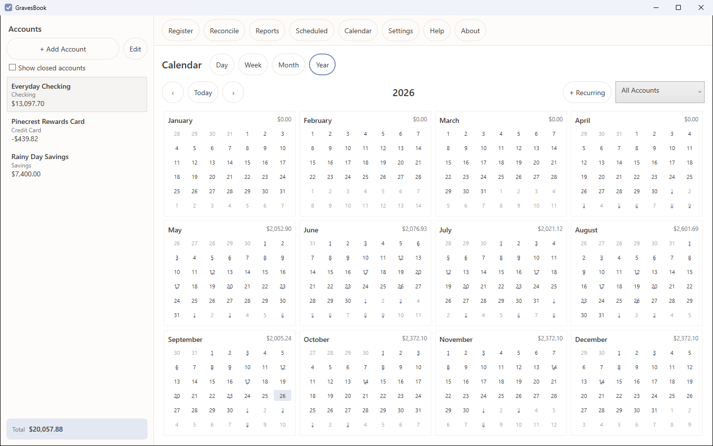 The calendar year view showing twelve small month grids each with a total.