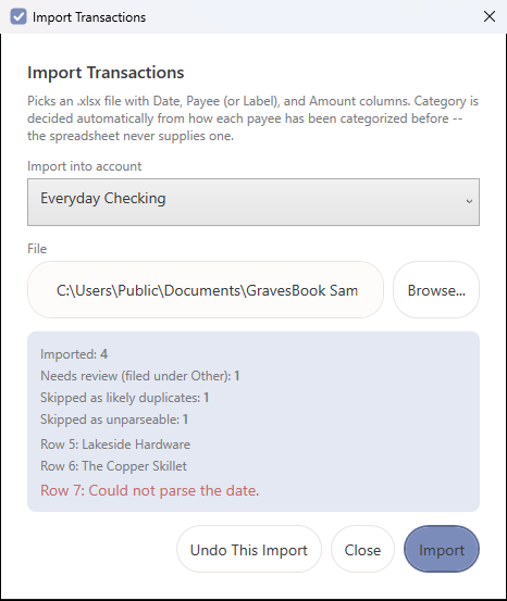The spreadsheet import summary reporting rows imported, rows needing review, duplicates skipped and rows that could not be read.