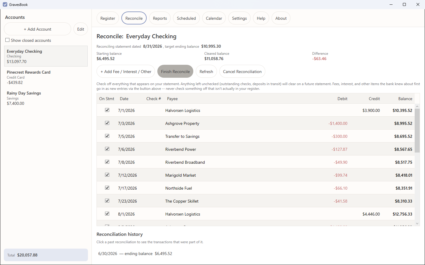 The GravesBook reconcile screen, with statement ending balance, a checklist of transactions, and live cleared-balance and difference totals.