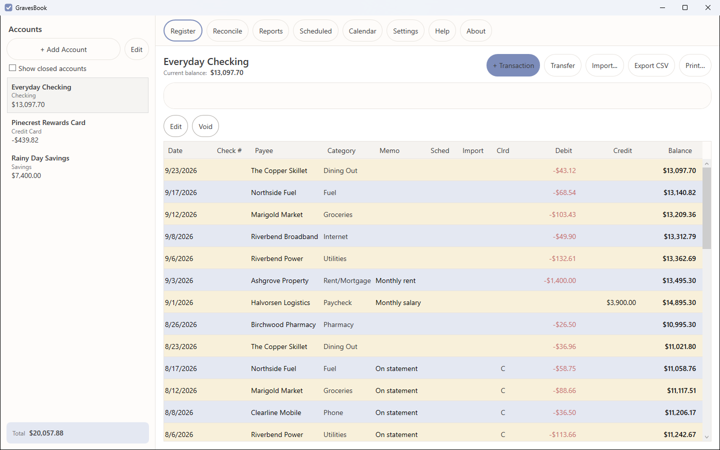 The GravesBook register showing dated transactions with payee, category, debit, credit and a running balance column, with alternating row shading.