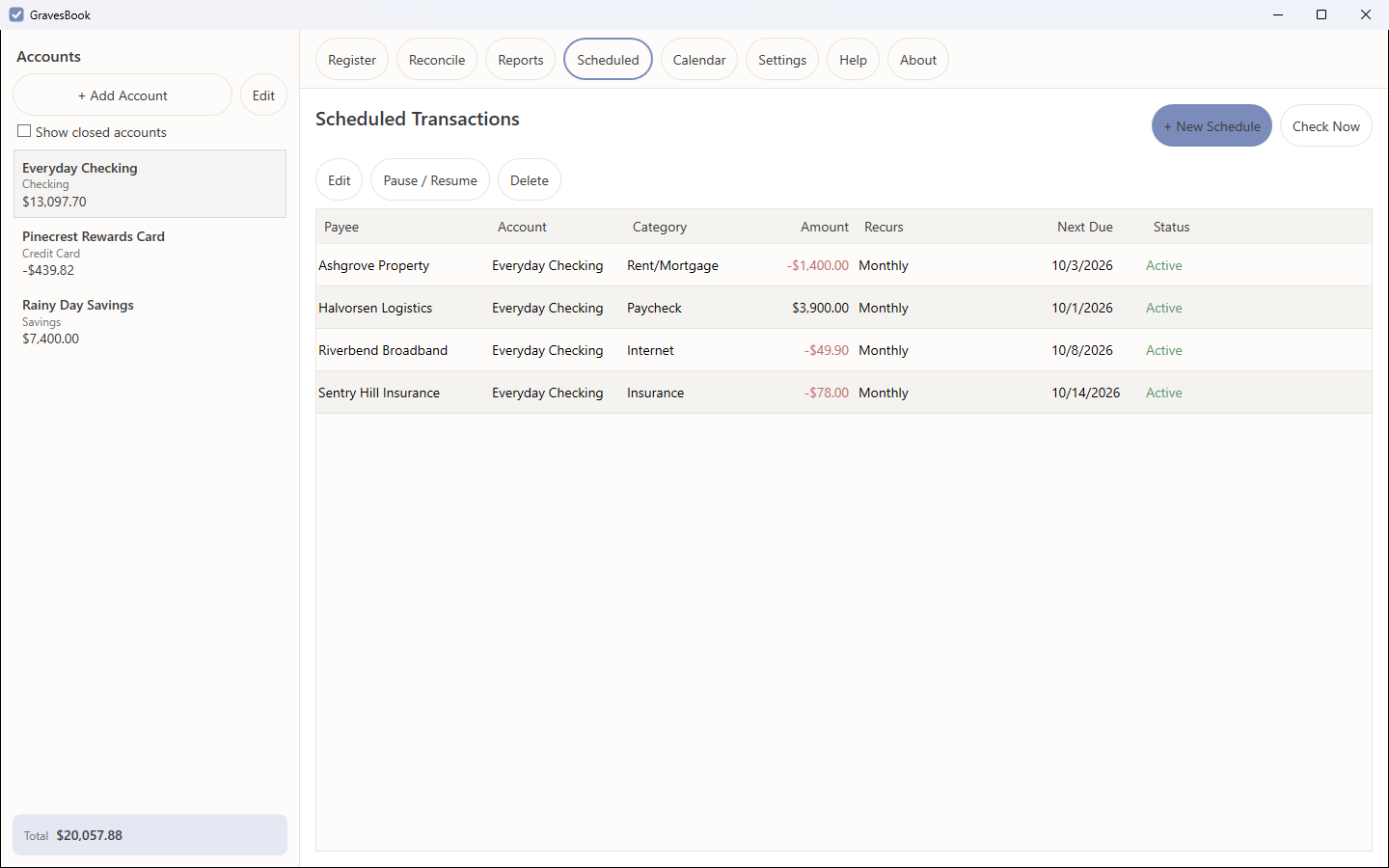 The scheduled transactions screen listing recurring items with their payee, amount, recurrence and next due date.