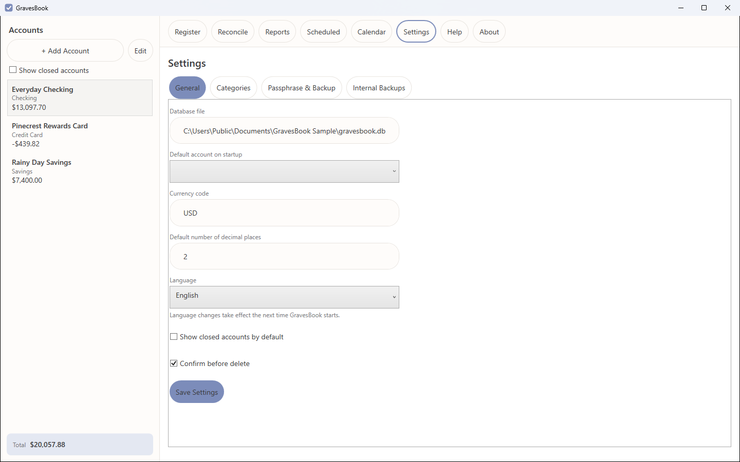 The settings screen with general options, categories, passphrase and backup tabs.