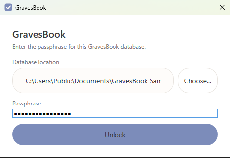 The GravesBook unlock window asking for the database passphrase, with a Choose... button.