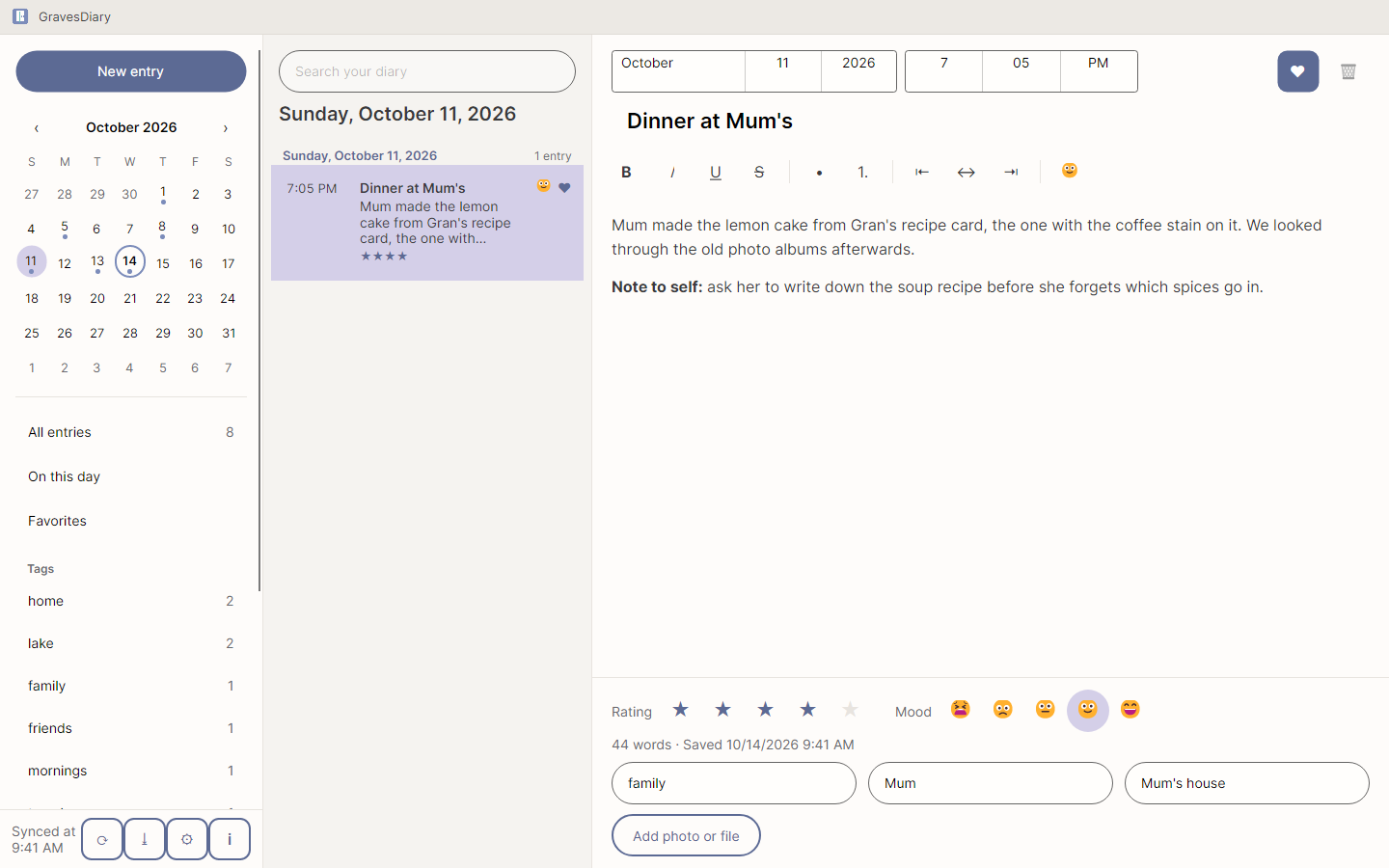 A day chosen on the month calendar in GravesDiary, with that day's entry open beside it.