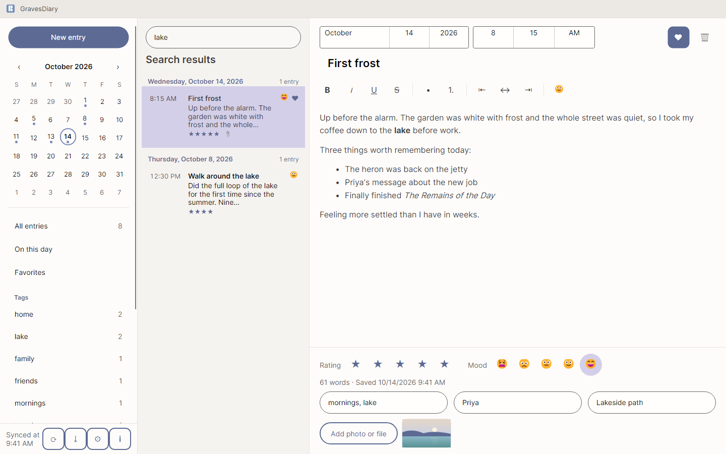 A search in GravesDiary with the matching entries listed in the timeline.