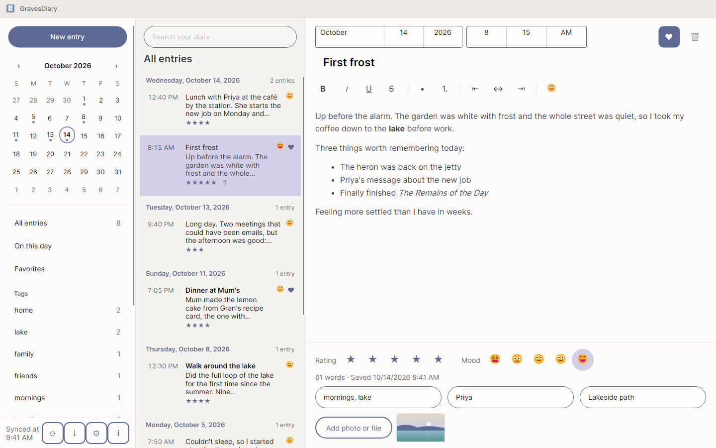 GravesDiary with the timeline by day on the left and today's entry open: formatted text, a photo, a rating, a mood and tags.