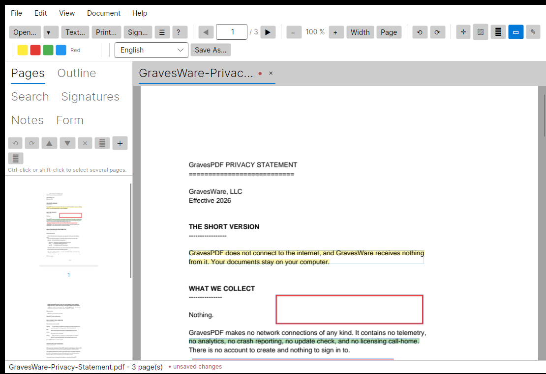 A PDF page in GravesPDF with a yellow highlight, a green highlight spanning two lines, and a red rectangle annotation, with the marks also visible in the page thumbnails.
