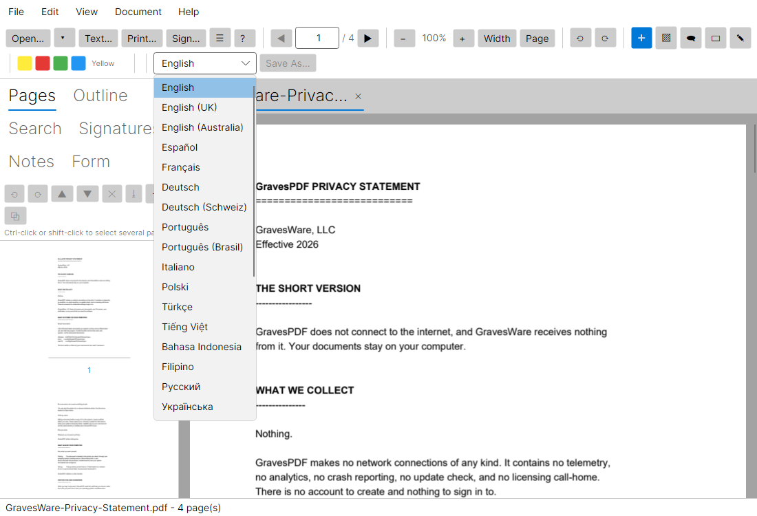 The language dropdown open, listing English, English (UK), English (Australia), Espanol, Francais, Deutsch, Deutsch (Schweiz), Portugues, Portugues (Brasil), Italiano, Polski, Turkce, Tieng Viet, Bahasa Indonesia, Filipino, Russian and Ukrainian, each in its own script, with more below.