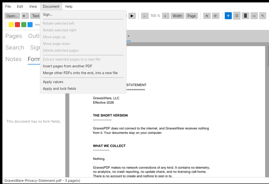 The Document menu open, showing Sign, rotate and move selected pages, delete, extract to a new file, insert pages from another PDF, merge other PDFs, and the form apply commands.