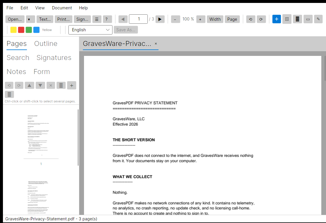GravesPDF showing a document in continuous scroll with a page thumbnail sidebar, tabbed document bar, and toolbar.