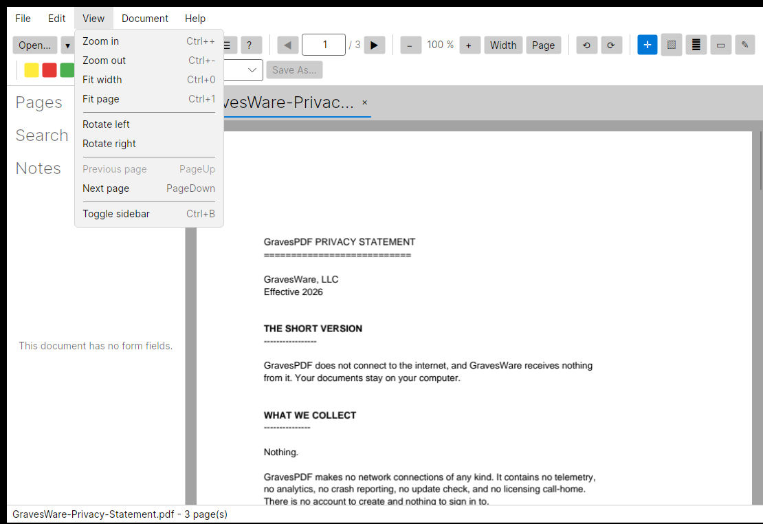 The View menu open, showing zoom in and out, fit width, fit page, rotate left and right, previous and next page, and toggle sidebar, each with its keyboard shortcut.