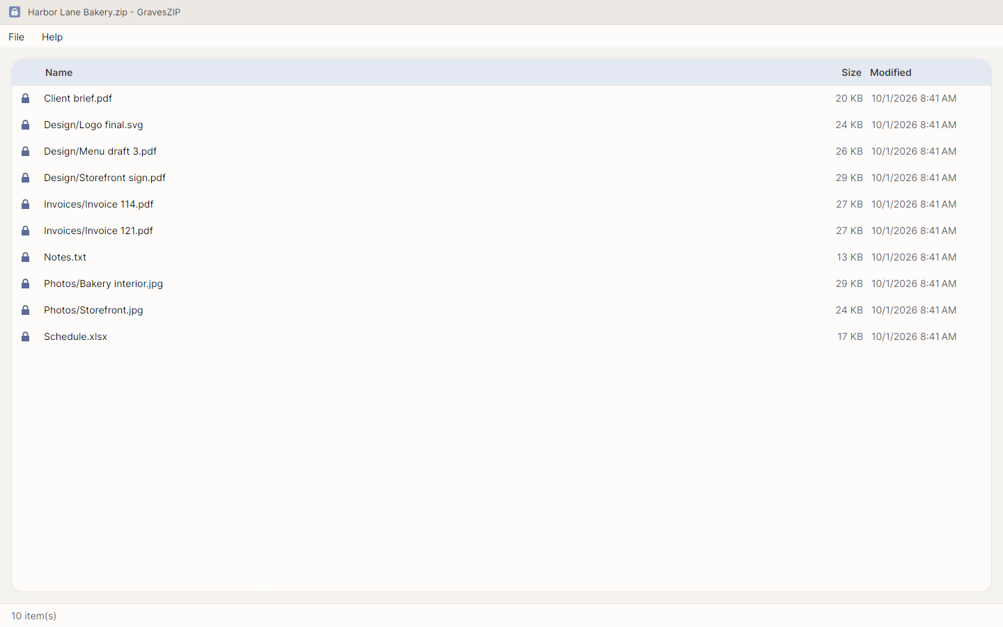 GravesZIP with an encrypted archive open, listing each item's name, folder, size and date, with a padlock on every encrypted row.
