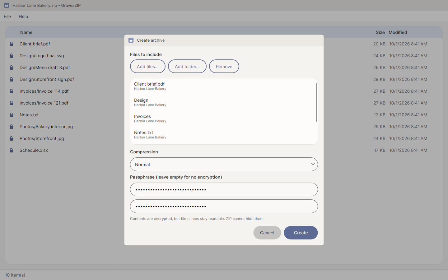 The New Archive dialog with files added, a compression setting chosen, and a passphrase typed and confirmed.
