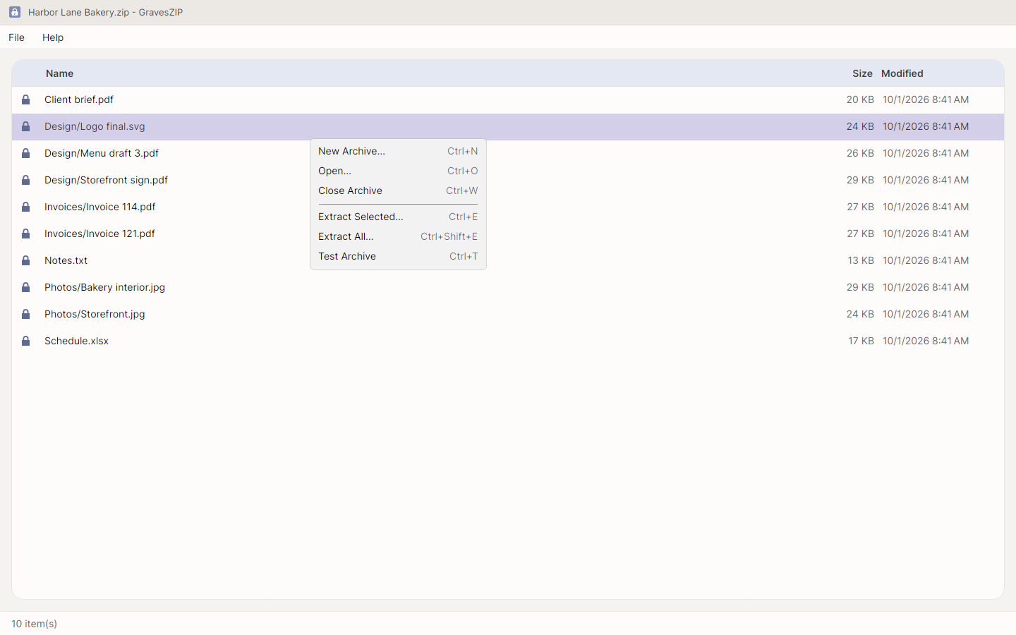 A folder selected in GravesZIP with the right-click menu open, offering Extract Selected, Extract All, Test Archive and the other archive actions.