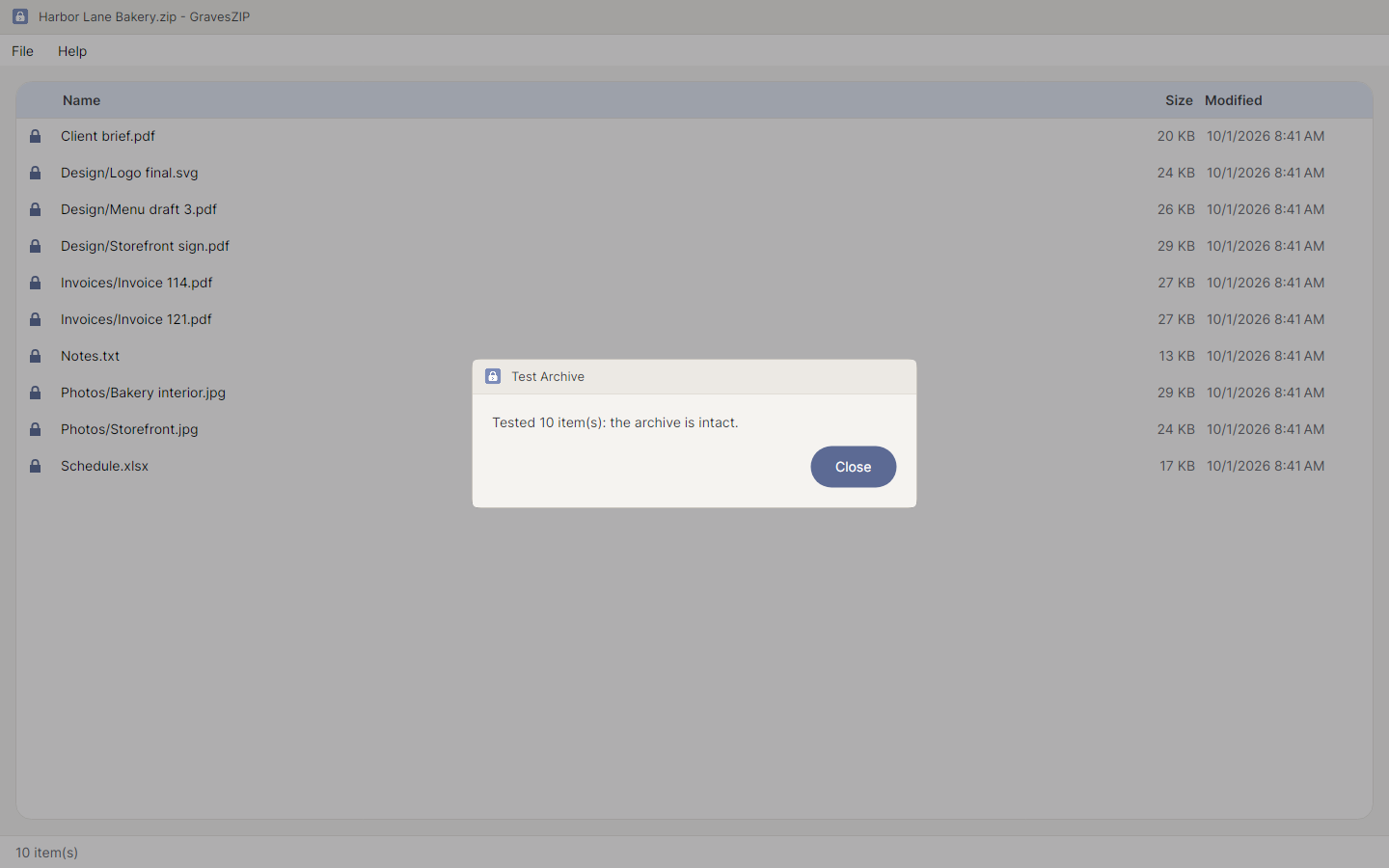 The Test Archive result, reporting that every item was checked and the archive is intact.